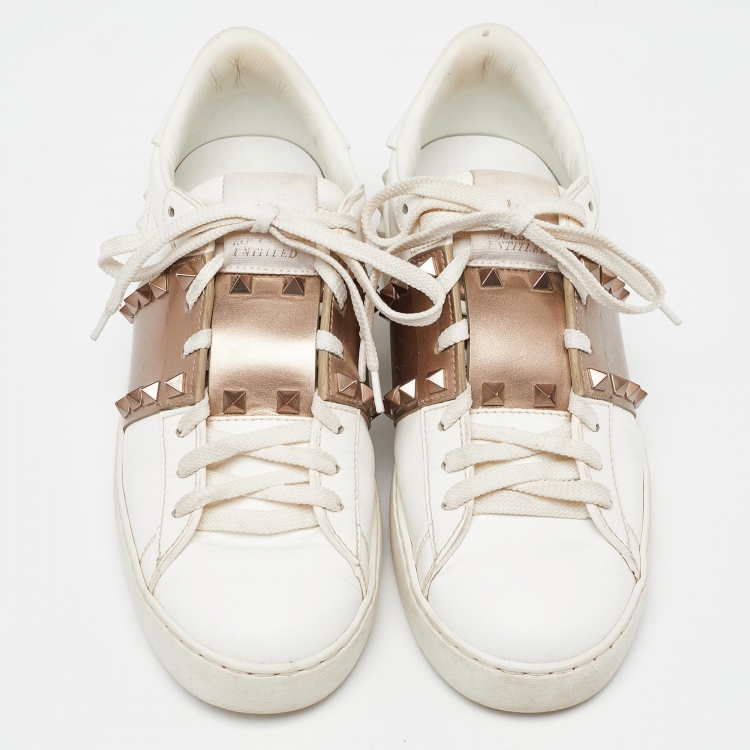 Pre Owned Valentino White/Brown Leather Rockstud Low Top Sneakers Size 38