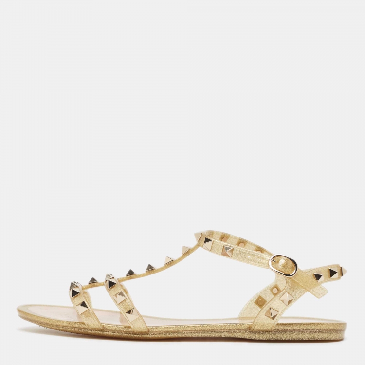Valentino Gold Glitter Rubber Rockstud Flat Sandals Size 38