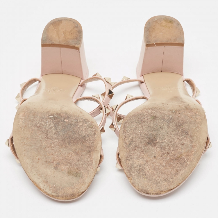 Pre Owned Valentino Pink Leather Rockstud Slide Sandals Size 38