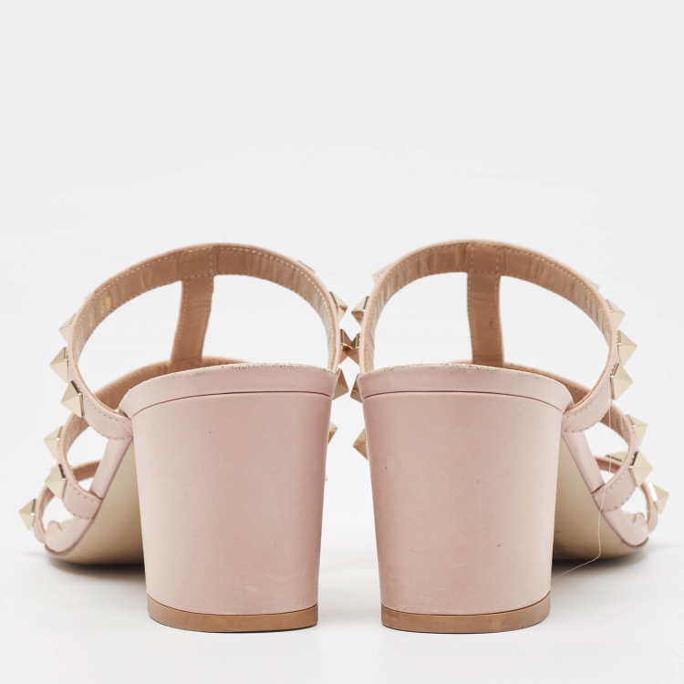 Pre Owned Valentino Pink Leather Rockstud Slide Sandals Size 38