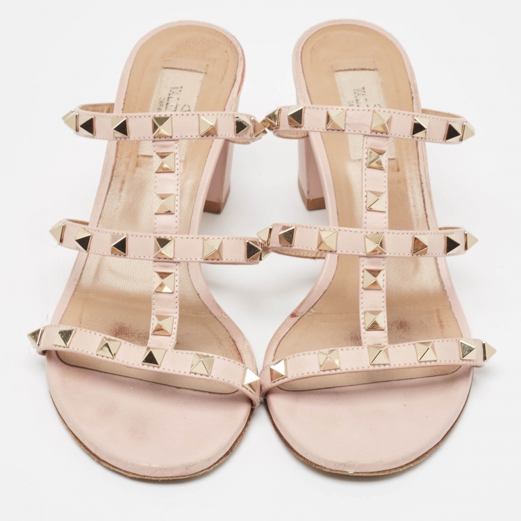 Pre Owned Valentino Pink Leather Rockstud Slide Sandals Size 38