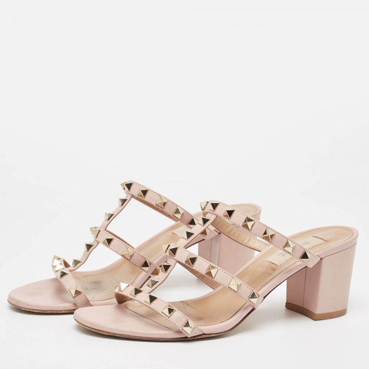 Pre Owned Valentino Pink Leather Rockstud Slide Sandals Size 38