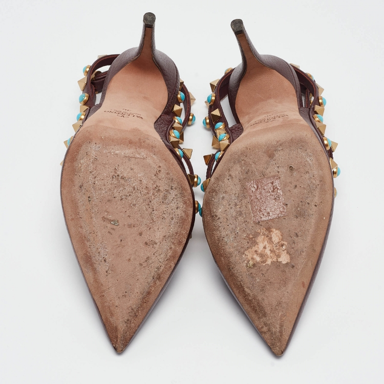 Pre Owned Valentino Burgundy Leather Rockstud Strappy Pointed Toe Pumps Size 36