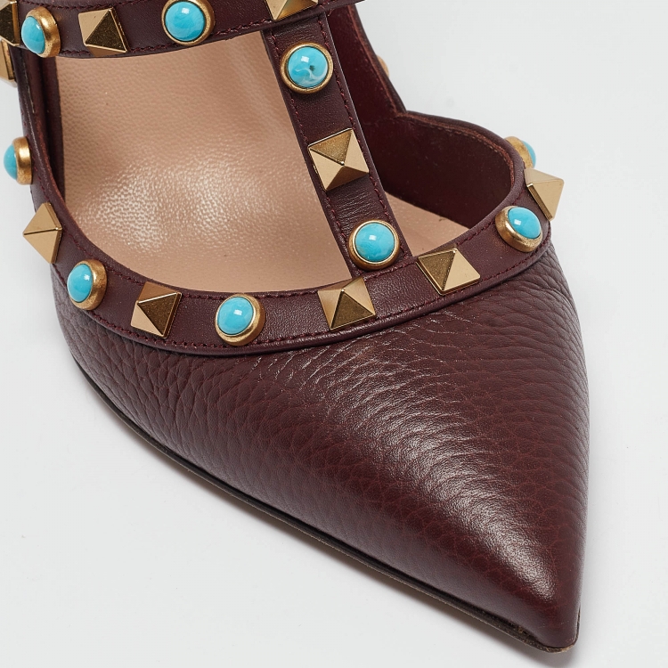 Pre Owned Valentino Burgundy Leather Rockstud Strappy Pointed Toe Pumps Size 36
