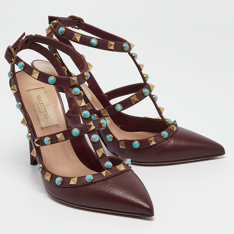 Pre Owned Valentino Burgundy Leather Rockstud Strappy Pointed Toe Pumps Size 36