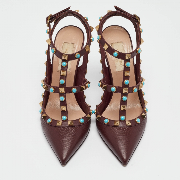Pre Owned Valentino Burgundy Leather Rockstud Strappy Pointed Toe Pumps Size 36