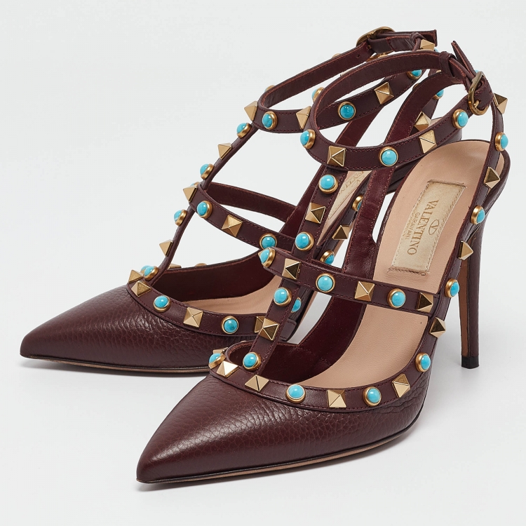 Pre Owned Valentino Burgundy Leather Rockstud Strappy Pointed Toe Pumps Size 36