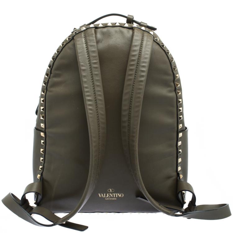 Pre Owned Valentino Olive Green Leather Medium Rockstud Backpack