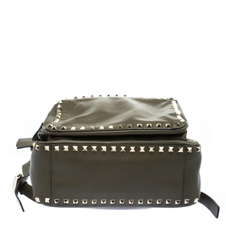 Pre Owned Valentino Olive Green Leather Medium Rockstud Backpack