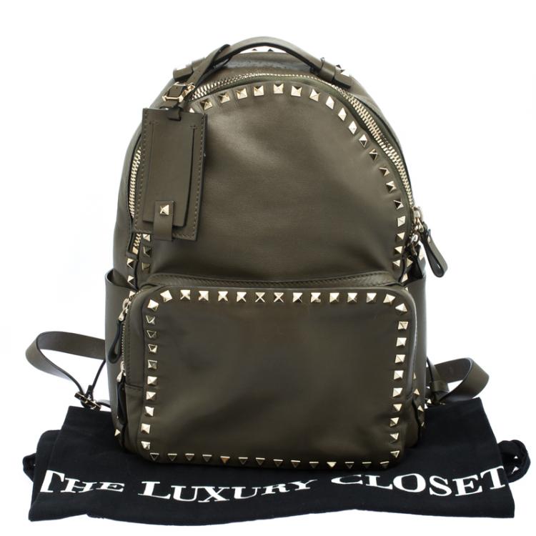 Pre Owned Valentino Olive Green Leather Medium Rockstud Backpack