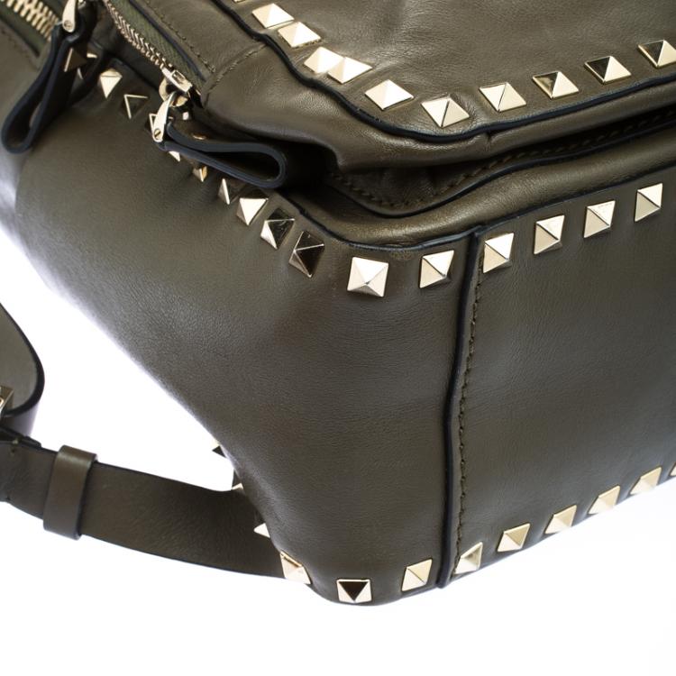 Pre Owned Valentino Olive Green Leather Medium Rockstud Backpack