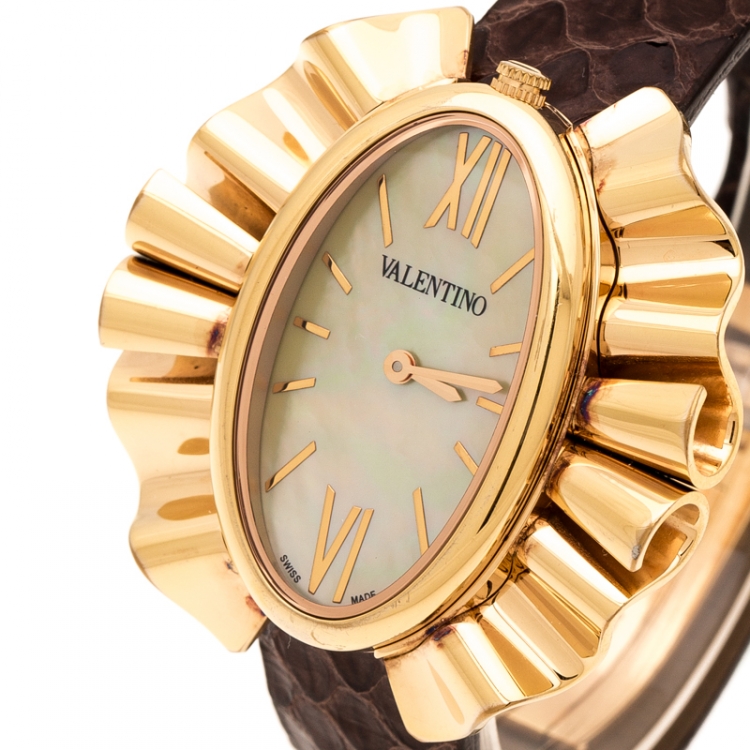 Pre Owned Valentino Yellow Mother of Pearl Rose Gold Plated Stainless Steel Princesse V45 Women's Wristwatch 41 mm