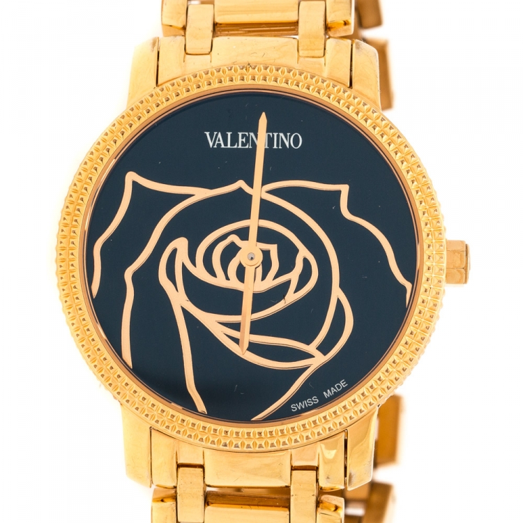 Pre Owned Valentino Black Rose Gold Plated Stainless Steel V56 Women's Wristwatch 36 mm