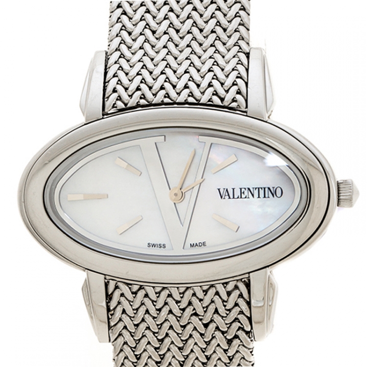 Pre Owned Valentino Mother of Pearl Stainless Steel V50SBQ9991S099 Oval Women's Wristwatch 40 mm