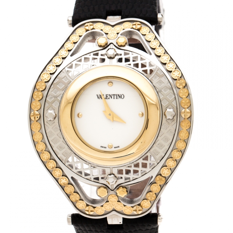 Pre Owned Valentino White Two Tone Stainless Steel Classic V58 Women's Wristwatch 42 mm