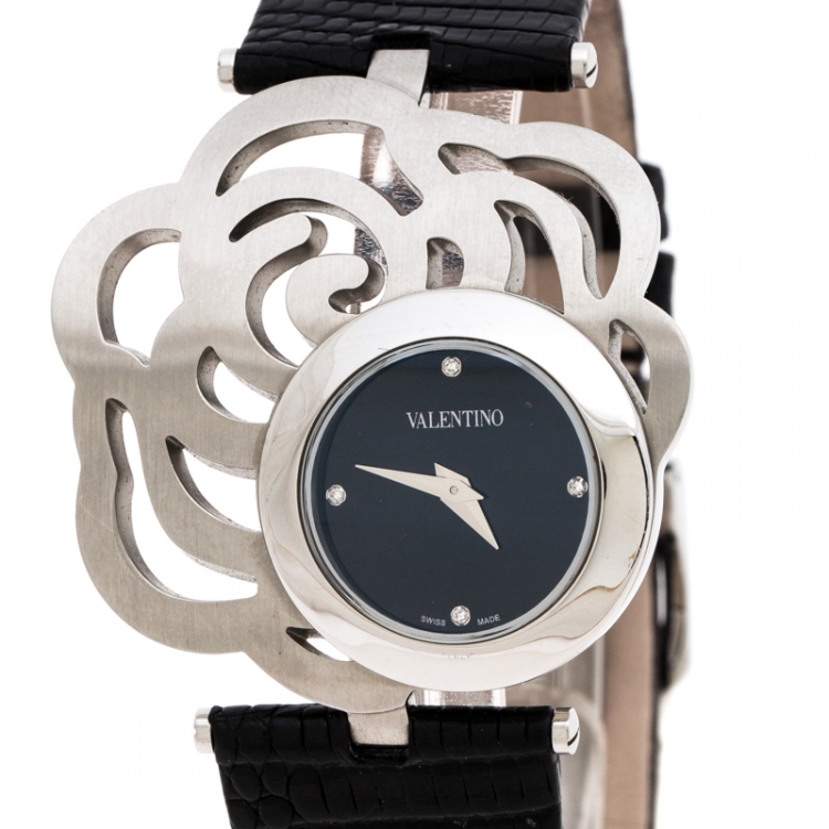Pre Owned Valentino Black Stainless Steel Rosier Baselworld V55 Women's Wristwatch 40 mm
