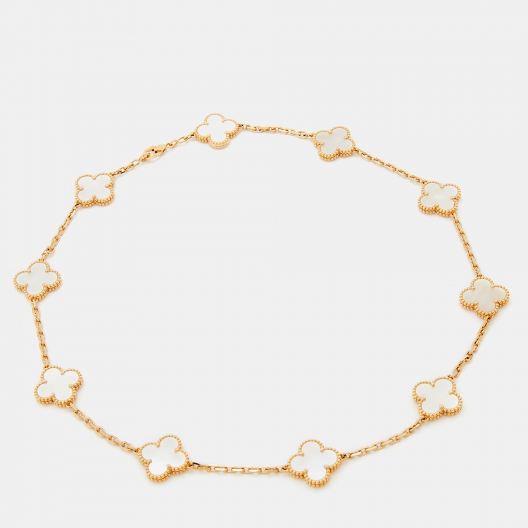 Pre Owned Van Cleef & Arpels Vintage Alhambra Mother of Pearl 18k Yellow Gold Station Necklace