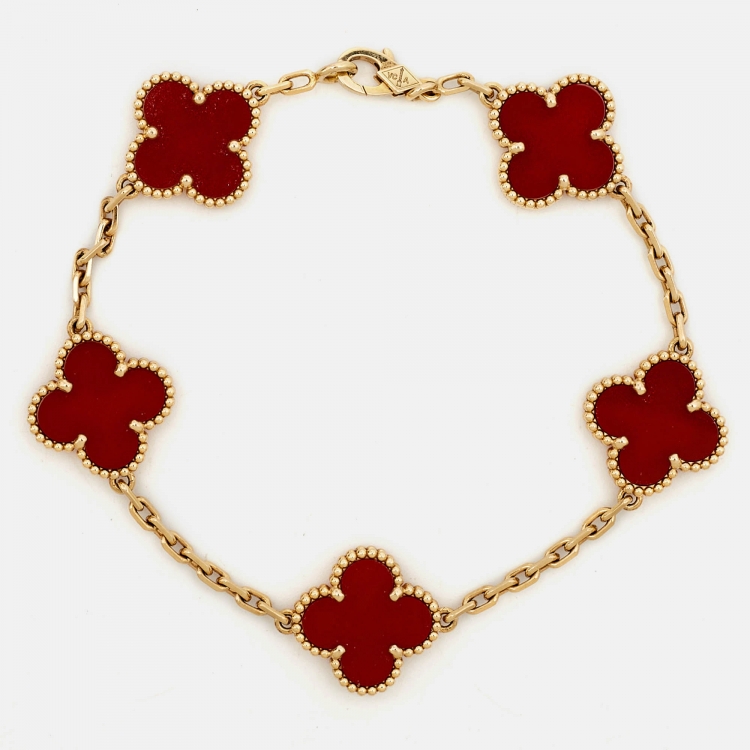 Pre Owned Van Cleef & Arpels Vintage Alhambra Carnelian 18k Yellow Gold 5 Motif Station Bracelet