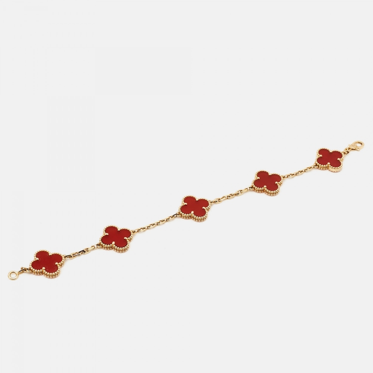 Pre Owned Van Cleef & Arpels Vintage Alhambra Carnelian 18k Yellow Gold 5 Motif Station Bracelet