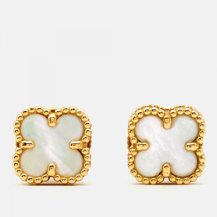 Pre Owned Van Cleef & Arpels Sweet Alhambra Mother of Pearl 18k Yellow Gold Stud Earrings