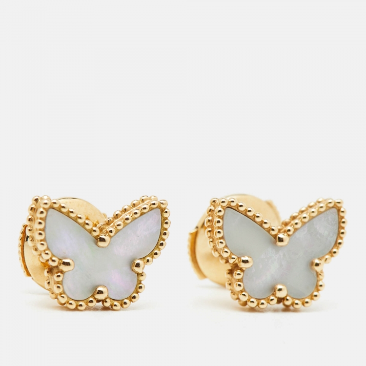 Pre Owned Van Cleef & Arpels Sweet Alhambra Butterfly Mother of Pearl 18K Yellow Gold Stud Earrings