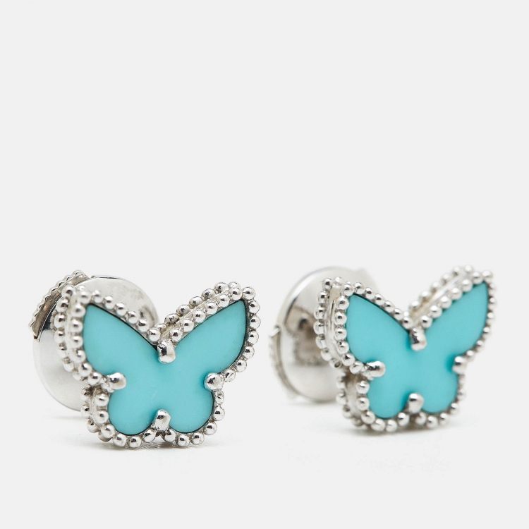 Pre Owned Van Cleef & Arpels Sweet Alhambra Butterfly Turquoise 18K White Gold Stud Earrings