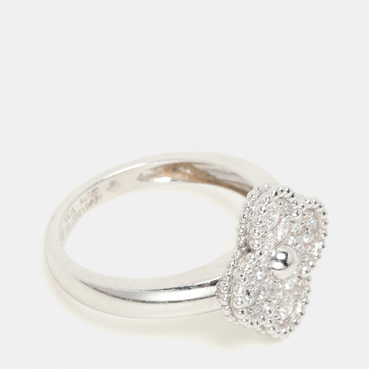 Pre Owned Van Cleef & Arpels Vintage Alhambra Diamond 18k White Gold Ring Size 55