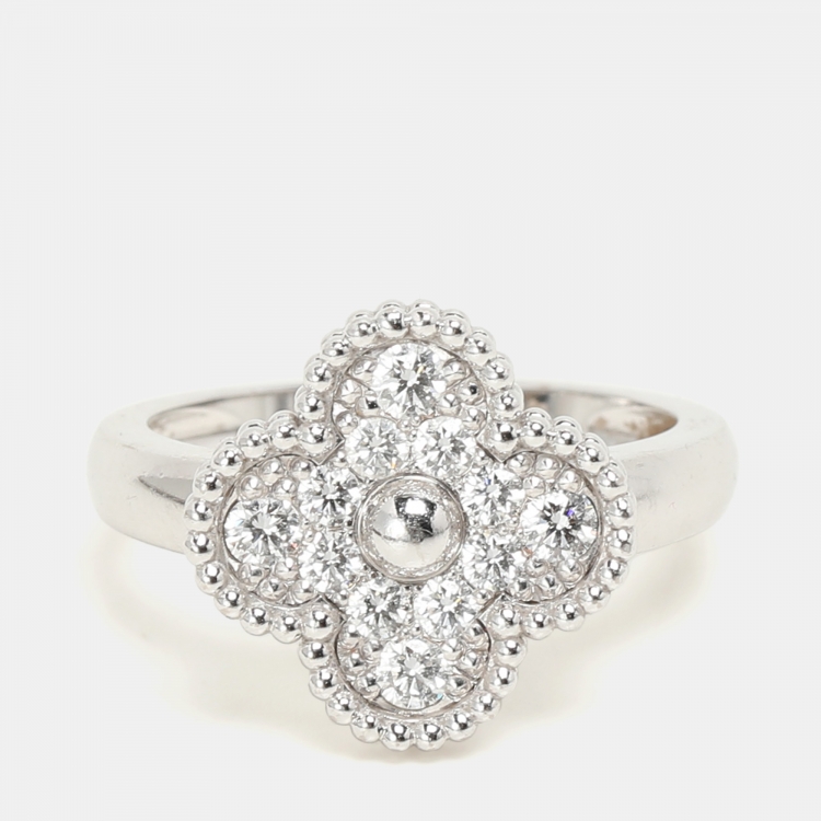 Pre Owned Van Cleef & Arpels Vintage Alhambra Diamond 18k White Gold Ring Size 55