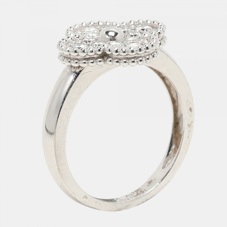 Pre Owned Van Cleef & Arpels Vintage Alhambra Diamond 18k White Gold Ring Size 55