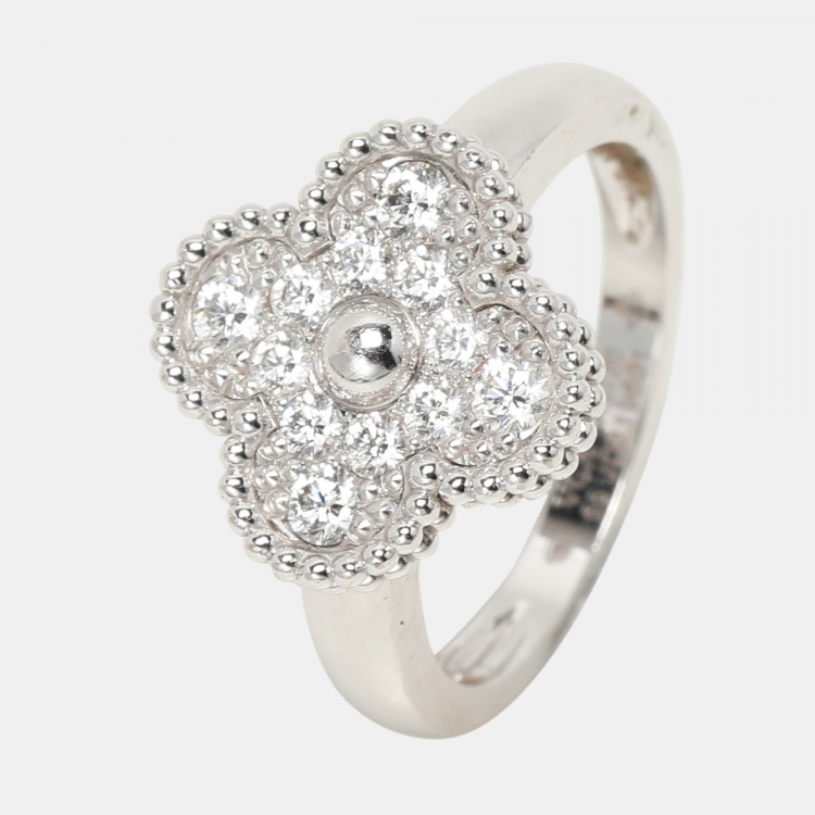 Pre Owned Van Cleef & Arpels Vintage Alhambra Diamond 18k White Gold Ring Size 55