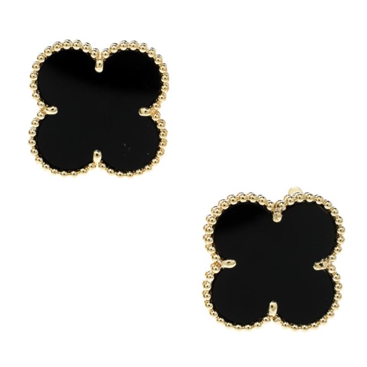 Pre Owned Van Cleef & Arpels Magic Alhambra Onyx & 18k Yellow Gold Stud Earrings