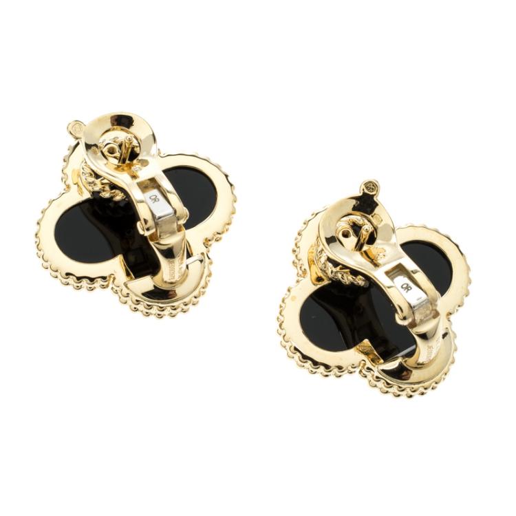 Pre Owned Van Cleef & Arpels Magic Alhambra Onyx & 18k Yellow Gold Stud Earrings