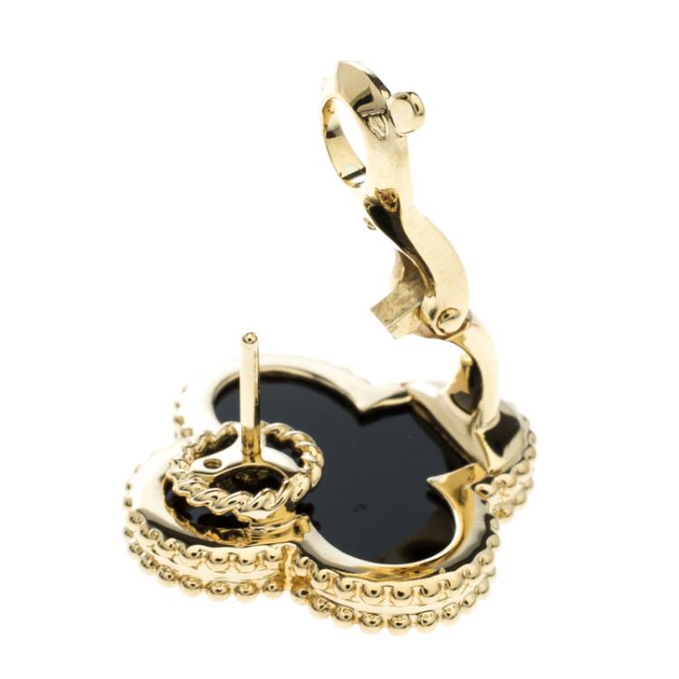 Pre Owned Van Cleef & Arpels Magic Alhambra Onyx & 18k Yellow Gold Stud Earrings