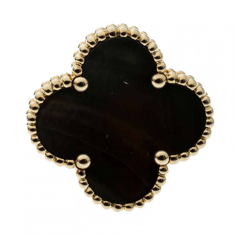 Pre Owned Van Cleef & Arpels Magic Alhambra Grey Mother of Pearl 18k Yellow Gold Ring Size 51