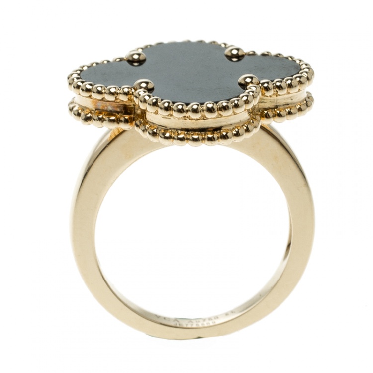 Pre Owned Van Cleef & Arpels Magic Alhambra Grey Mother of Pearl 18k Yellow Gold Ring Size 51
