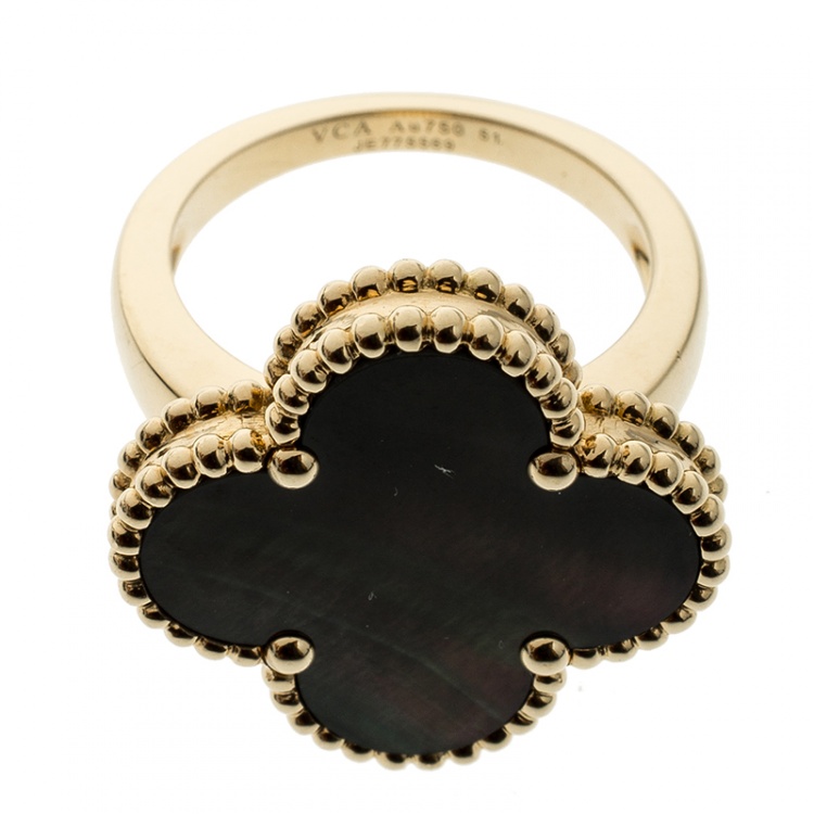 Pre Owned Van Cleef & Arpels Magic Alhambra Grey Mother of Pearl 18k Yellow Gold Ring Size 51