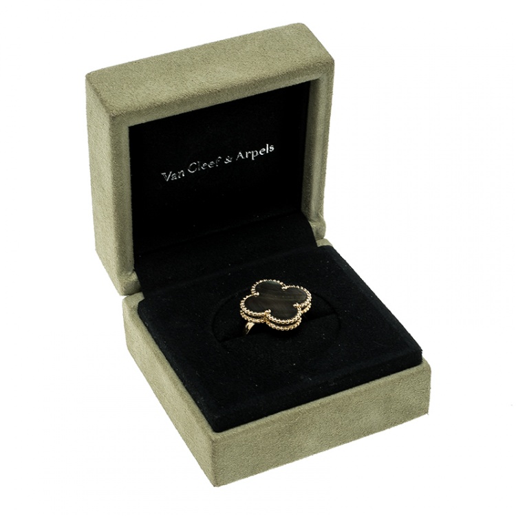Pre Owned Van Cleef & Arpels Magic Alhambra Grey Mother of Pearl 18k Yellow Gold Ring Size 51