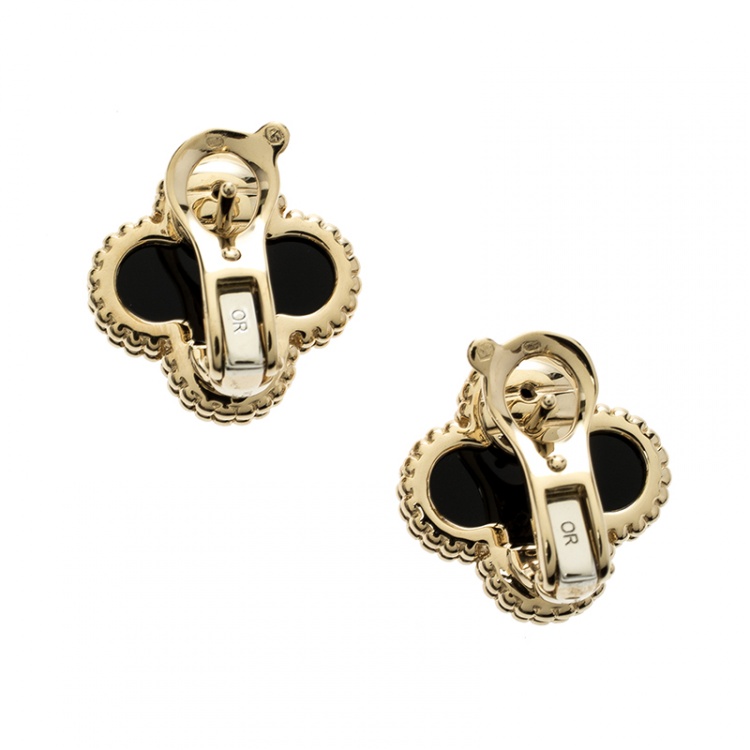 Pre Owned Van Cleef & Arpels Vintage Alhambra Onyx 18k Yellow Gold Stud Earrings