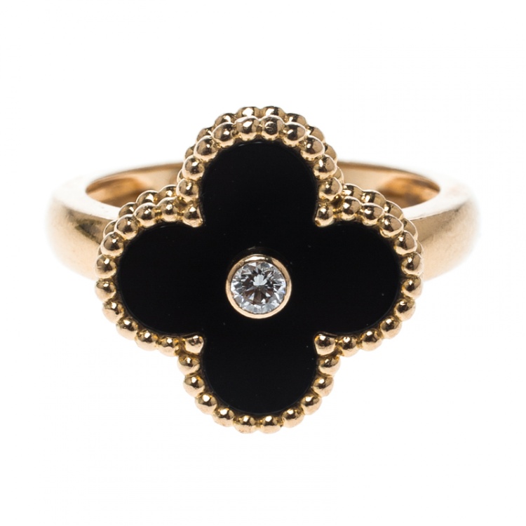 Pre Owned Van Cleef & Arpels Vintage Alhambra Diamond Onyx 18k Yellow Gold Ring Size 54