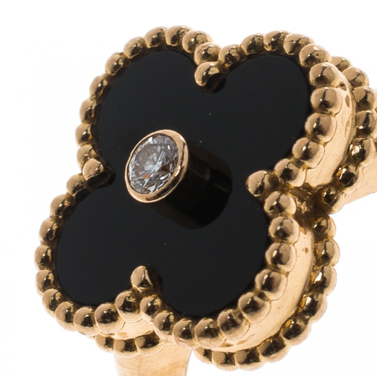 Pre Owned Van Cleef & Arpels Vintage Alhambra Diamond Onyx 18k Yellow Gold Ring Size 54