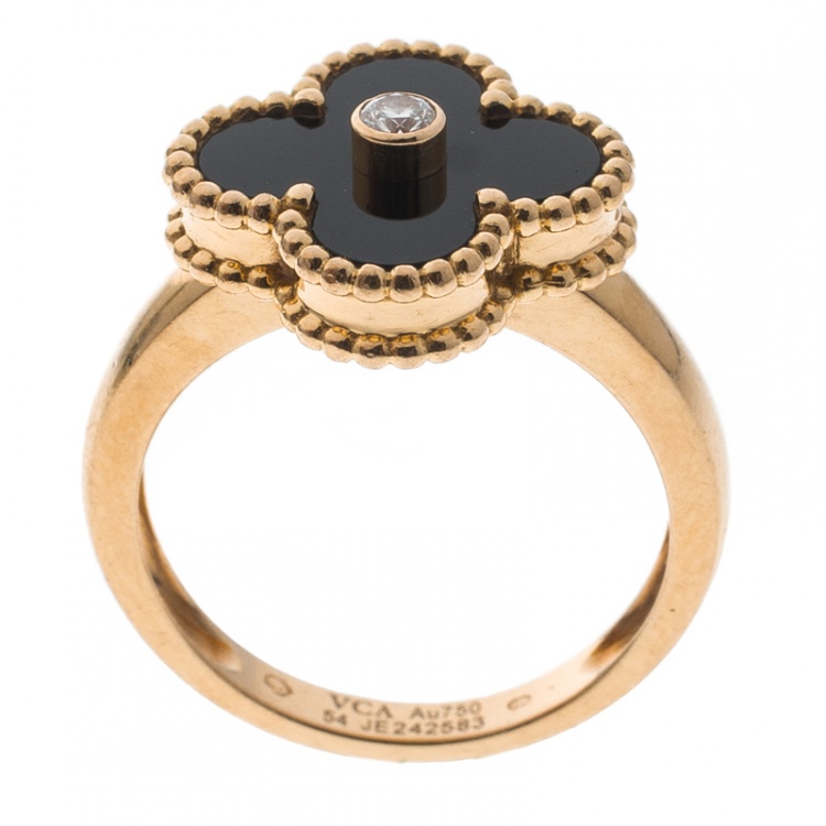 Pre Owned Van Cleef & Arpels Vintage Alhambra Diamond Onyx 18k Yellow Gold Ring Size 54