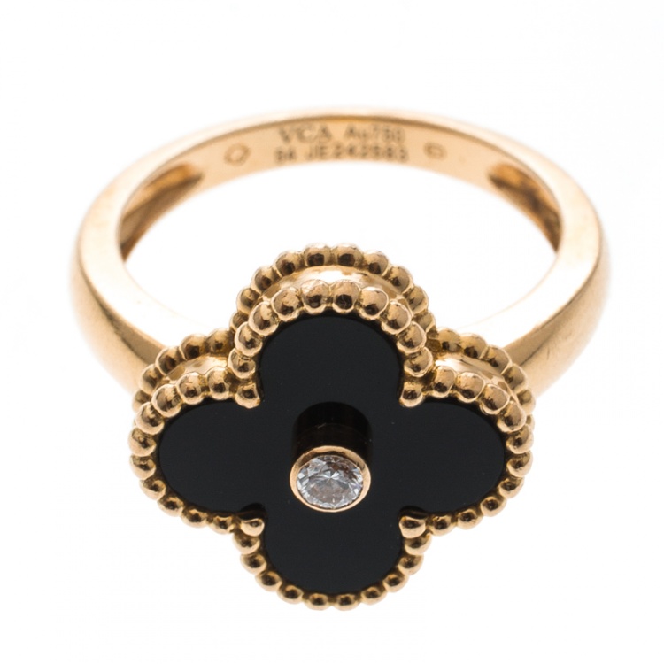 Pre Owned Van Cleef & Arpels Vintage Alhambra Diamond Onyx 18k Yellow Gold Ring Size 54