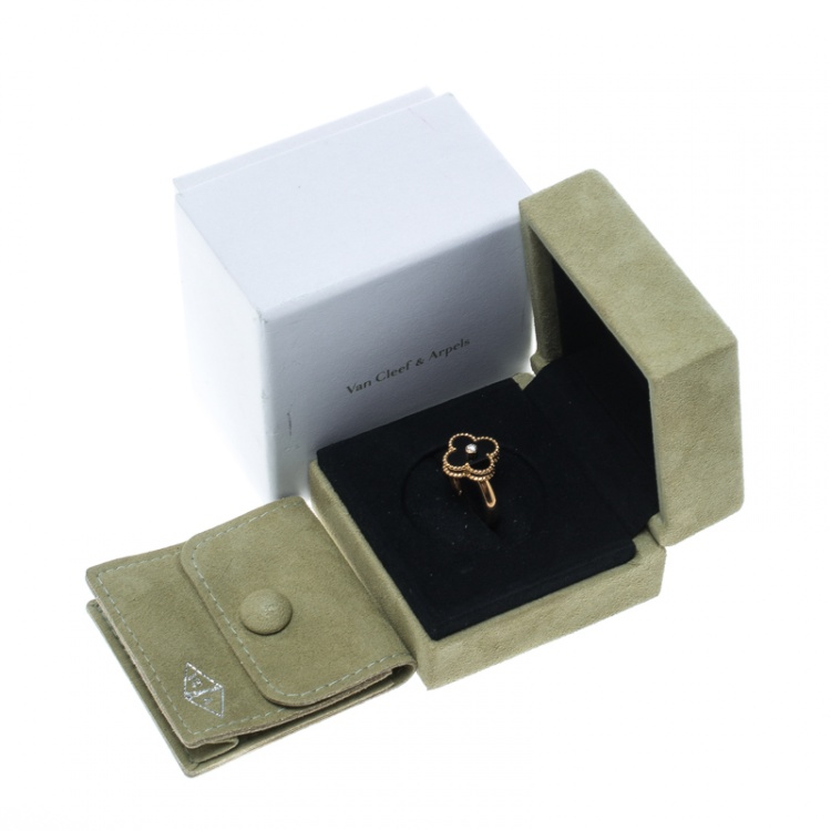 Pre Owned Van Cleef & Arpels Vintage Alhambra Diamond Onyx 18k Yellow Gold Ring Size 54