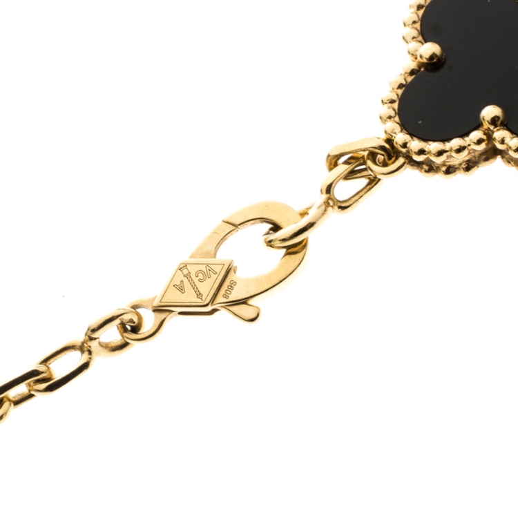 Pre Owned Van Cleef & Arpels Vintage Alhambra 5 Onyx Motif & 18k Yellow Gold Bracelet 