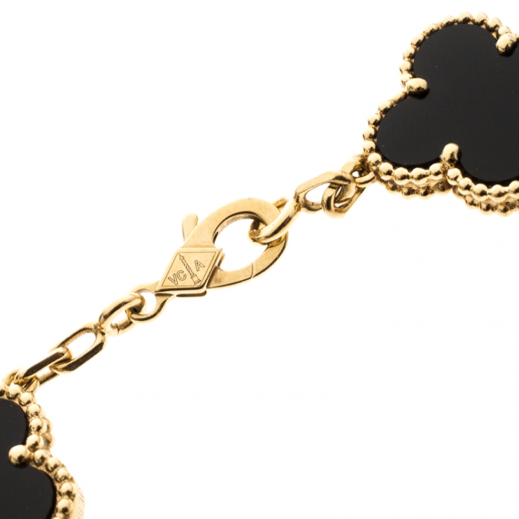 Pre Owned Van Cleef & Arpels Vintage Alhambra 5 Onyx Motif & 18k Yellow Gold Bracelet 