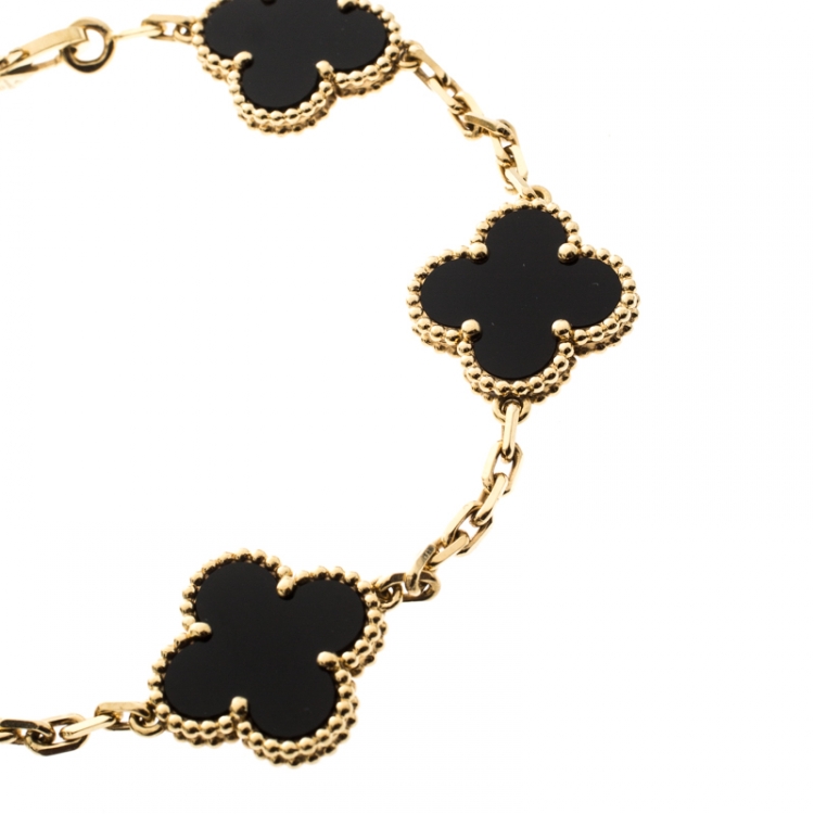 Pre Owned Van Cleef & Arpels Vintage Alhambra 5 Onyx Motif & 18k Yellow Gold Bracelet 