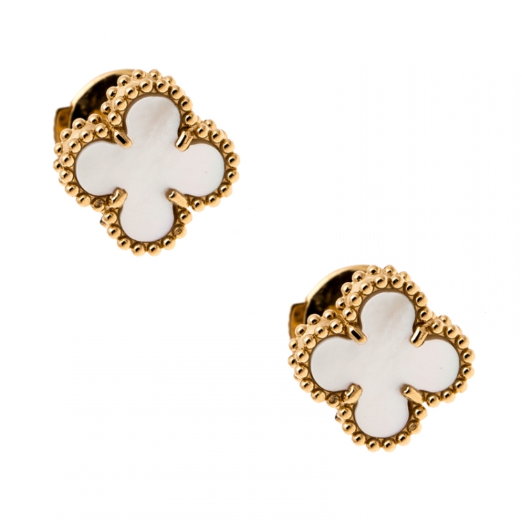 Pre Owned Van Cleef & Arpels Sweet Alhambra Mother of Pearl Yellow Gold Stud Earrings