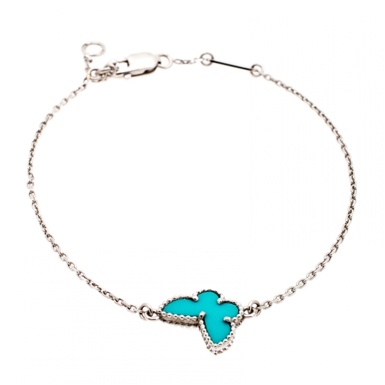 Pre Owned Van Cleef and Arpels Sweet Alhambra Butterfly Turquoise 18k White Gold Bracelet 