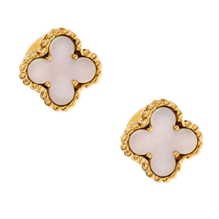 Pre Owned Van Cleef & Arpels Sweet Alhambra Mother of Pearl 18k Yellow Gold Stud Earrings