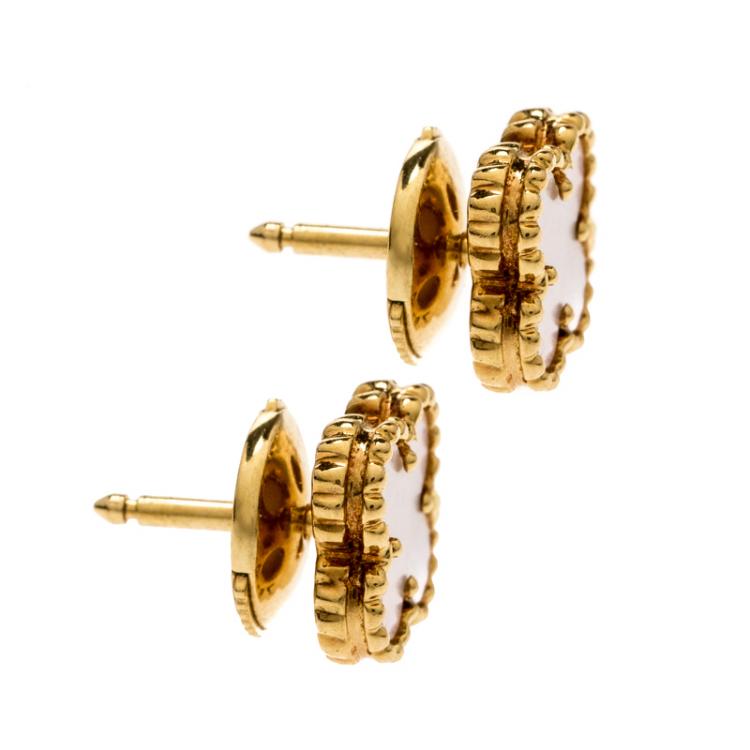Pre Owned Van Cleef & Arpels Sweet Alhambra Mother of Pearl 18k Yellow Gold Stud Earrings